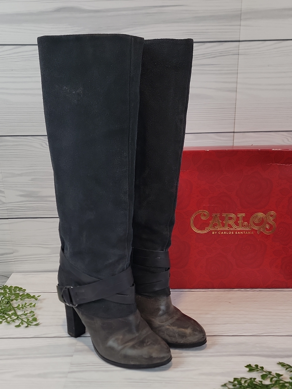 Carlos by Carlos Santana Black Suede Over-the-Knee Boots - Grey Womens Size 6.5
